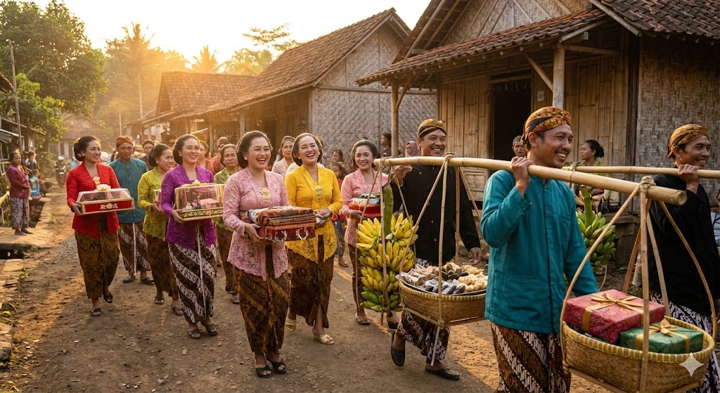 arak-arakan seserahan adat sunda dengan pikulan di pedesaan