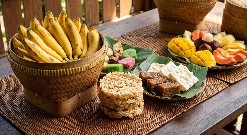 makanan khas sunda untuk seserahan seperti pisang rengginang dan kue tradisional