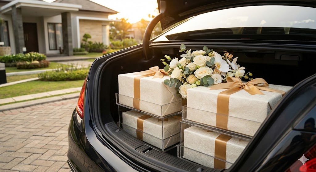 seserahan modern dengan kemasan mewah di dalam mobil