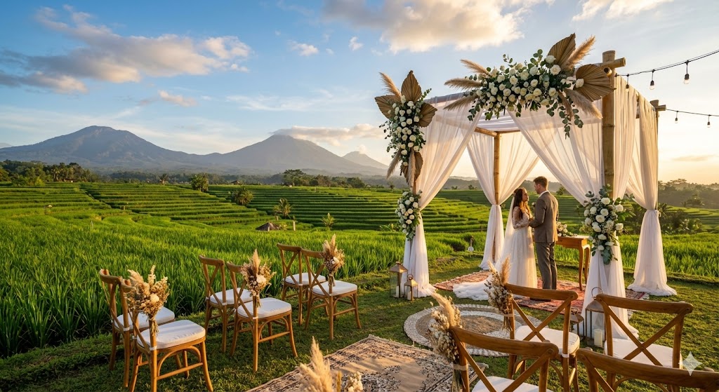 Konsep wedding sederhana outdoor di pesawahan kebun 